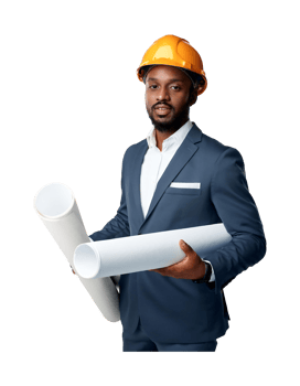 A man in a suit holding a blueprint and a hard hat png