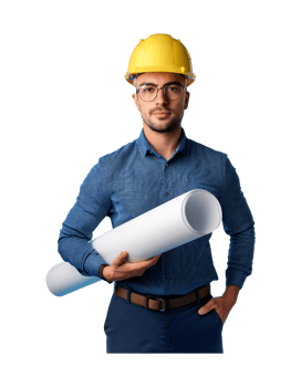 A man in a hard hat and glasses holding a blueprint png