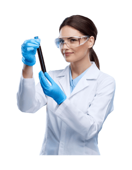 A woman in a lab coat holding a tube png