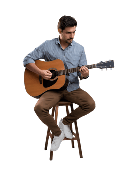 Man sitting on stool playing acoustic guitar png