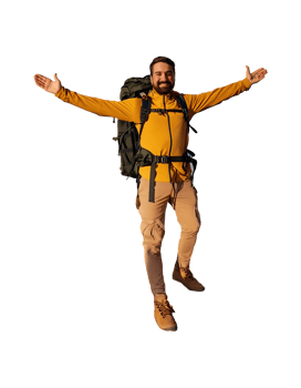 A man with a backpack and yellow jacket standing with his arms outstretched png