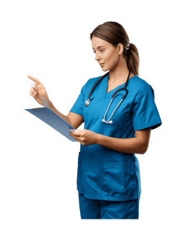 A female nurse in blue scrub suit holding a clipboard png