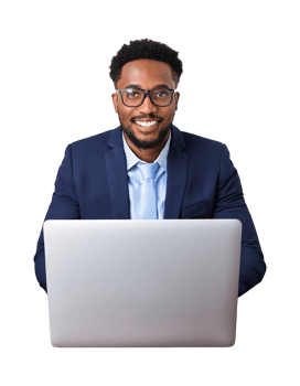 A smiling black man in a suit and glasses is using a laptop png