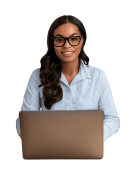 A woman in glasses and a shirt is using a laptop png