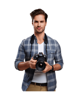 A man holding a camera and posing for the camera png