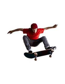 A man in red shirt doing a trick on a skateboard png