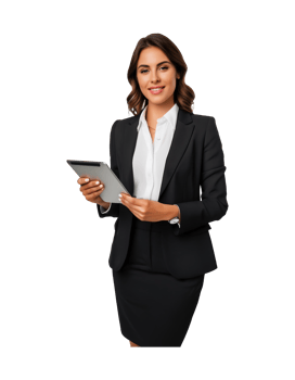 Business woman in black suit holding tablet computer png