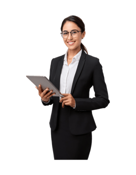 Business woman in suit holding tablet computer png