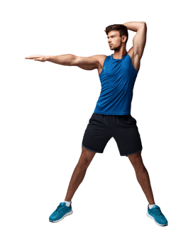 A man in blue shirt doing a stretching exercise png