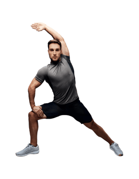 A man in a grey shirt is doing a yoga pose png