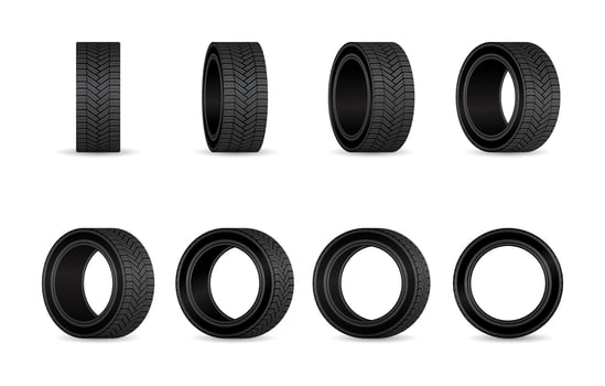Car tires set. Different angles wheels isolated. vector