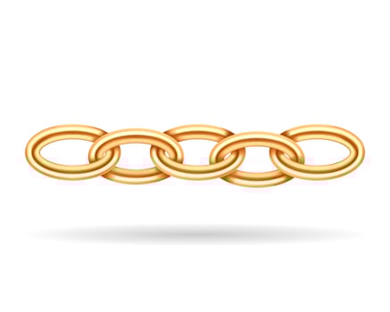 Realistic golden chain texture. Gold color chains link isolated on white background. Jewelry fashion chainlet three dimensional design element. vector