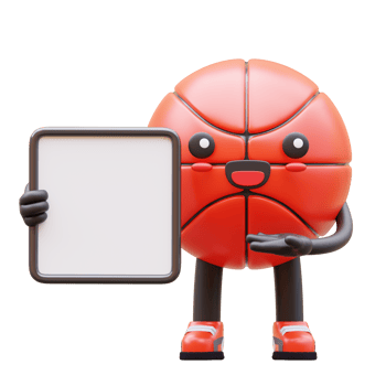 3D Basketball Character Holding Blank Advertisement Board With Finger Pointing Suitable For Marketing And Business Presentations png
