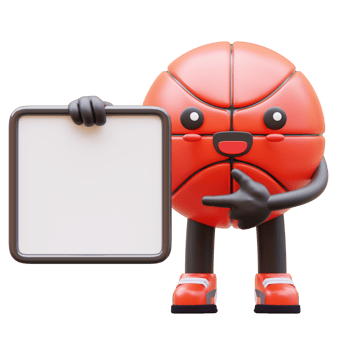 3D Basketball Character Holding Blank Advertisement Board Pointing At Board Suitable For Marketing And Advertising Campaigns png