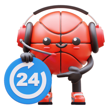 3D Basketball Character With Headset Holding 24 Hours Sign Suitable For Customer Support And Service Concepts png
