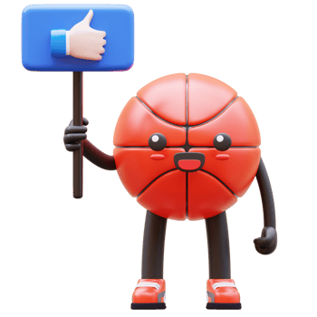 3D Basketball Character Holding Thumbs Up Like Board Symbolizing Approval And Agreement Suitable For Social Media Marketing And Feedback Concepts png