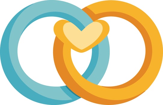 Two interlocked rings with heart, flat illustration symbolizing marriage and love vector