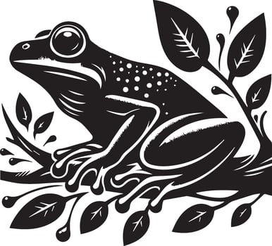 A black and white illustration of a frog sitting on a branch vector
