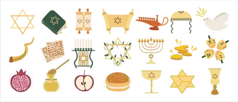 Large Jewish set with Tanakh, Star of David, Torah Scroll, Menorah, Dreidel, Shofar and other traditional holiday symbols. vector