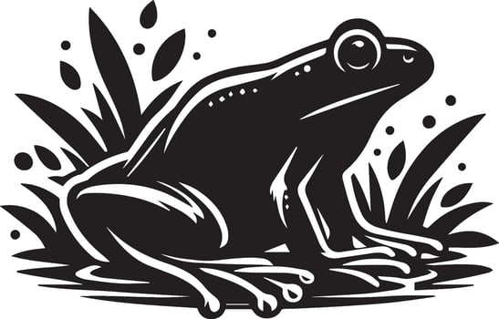 A black and white illustration of a frog sitting on the ground vector