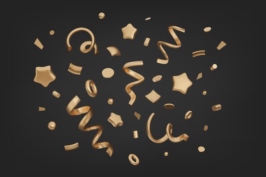 3D party gold confetti set. Stars, spirals, serpentine streamer. Realistic metallic elements isolated on black background. Design for celebration poster, banner, greeting, invitation, promo vector