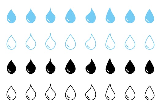Set of water drop icons illustration. Black and blue water drop shapes. vector