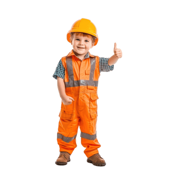 Smiling little boy wearing hard hat construction worker uniform standing with hand gesture giving thumb up front view isolate on transparency background png