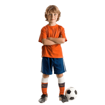 Little boy in football clothes standing with ball under arm front view isolate on transparency background png