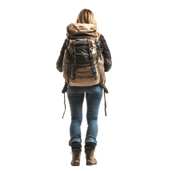 hiker woman carrying backpack rear view isolate on transparency background png