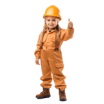 Smiling little girl wearing hard hat construction worker uniform standing with hand gesture giving thumb up side view isolate on transparency background png
