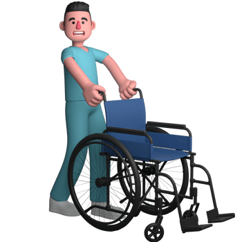 Male Healthcare Professional in 3D. A male nurse is seen pushing a blue wheelchair. Nurse Cartoon png