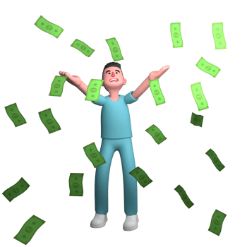 3D Male Nurse in Action. A male nurse is seen standing with both hands stretched upwards and it looks like a lot of money is falling around him, as if he is scattering money. Professional Healthcare png