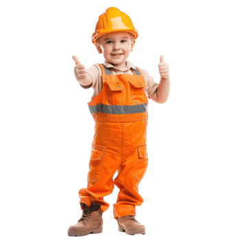 A young boy in an orange construction outfit giving the thumbs up png