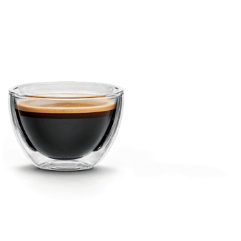 Modern double walled glass espresso cup showcasing the rich layers of a perfectly pulled shot png