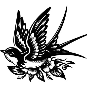 A black and white drawing of a swallow with flowers vector