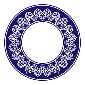 Blue and white round Kazakh national ornament. Ethnic pattern of the peoples of the Great Steppe, Kazakh, Mongols, Kyrgyz, Kalmyks, Buryats. Circle, frame border. For ceramics, embroidery vector