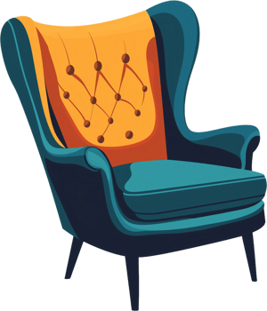An illustration of a chair with a blue and orange cushion png