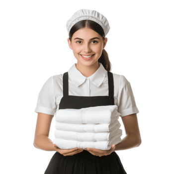 Young female chambermaid holding white towels front view isolate on transparency background png