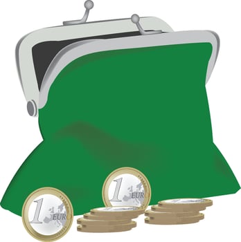 Green purse standing with one euro coins scattered around vector