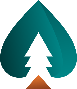 A green and orange logo with a pine tree png