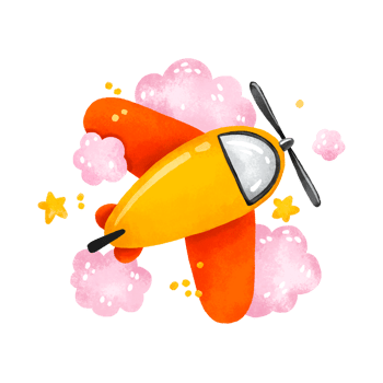Cartoon yellow airplane flying in the sky with pink clouds in the background. Airplane view from above. Cute children's hand drawn illustration on isolated background png