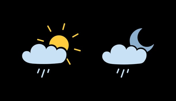Day, night weather icons. Sun, moon, cloudy, rainy vector