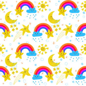 colorful seamless pattern of rainbow, clouds, sun and stars, cartoon style png