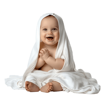 Smiling cute baby sitting wrap in towel after bathing isolate on transparency background png