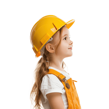 Smiling little girl wearing hard hat construction worker uniform standing side view isolate on transparency background png