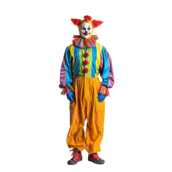 Scary person in clown costume standing front view isolate on transparency background png