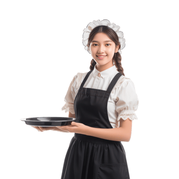 Smiling young attractive female in maid custome with hand holding tray isolate on transparency background png