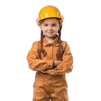Smiling little girl wearing hard hat construction worker uniform standing front view isolate on transparency background png