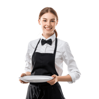 Smiling young waitress in uniform with trey in hand isolate on transparency background png
