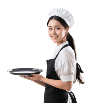 Smiling young attractive female in maid custome with hand holding empty tray side view isolate on transparency background png